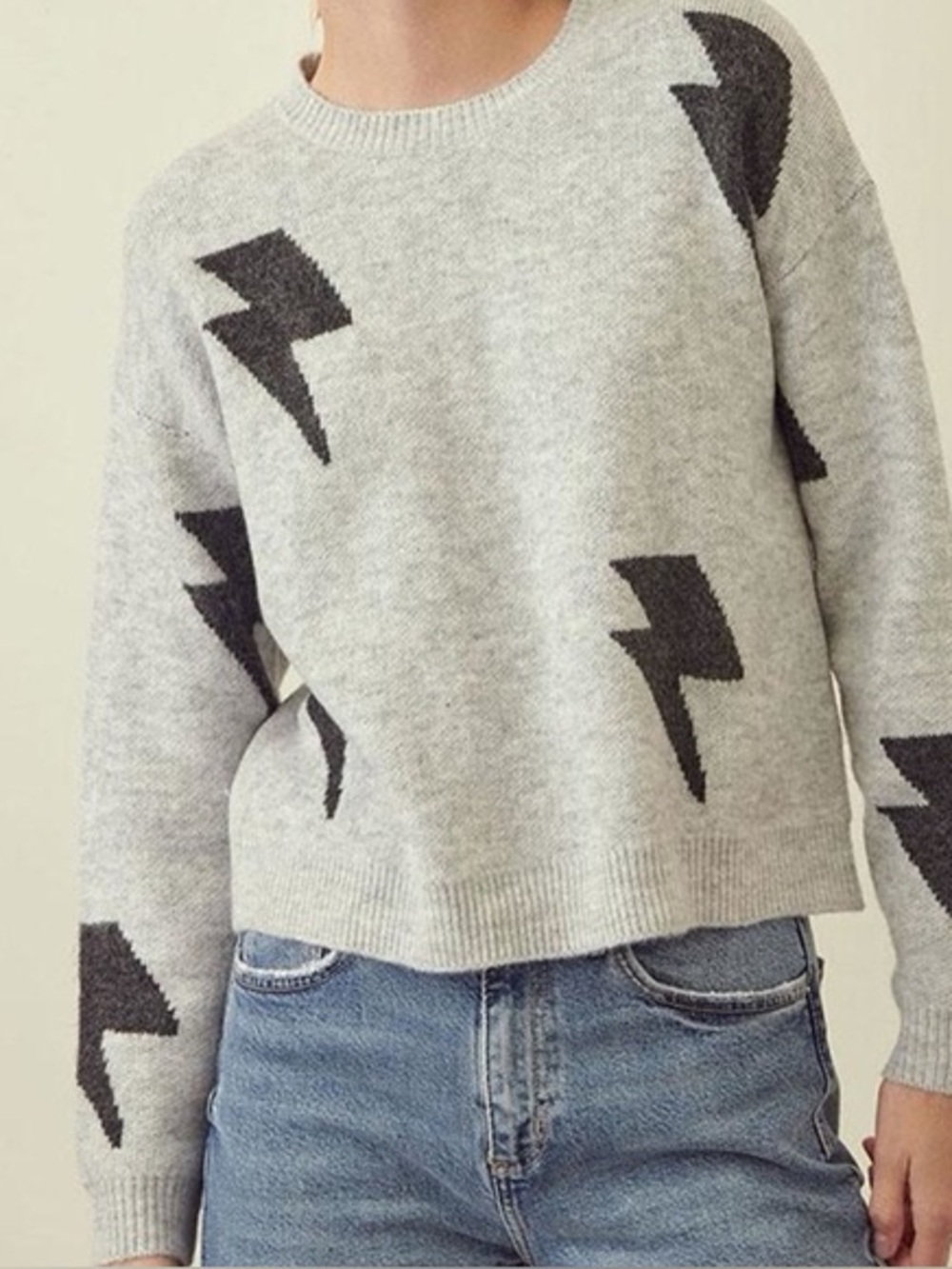 New storia Gray Lightning Bolt Crewneck Sweater